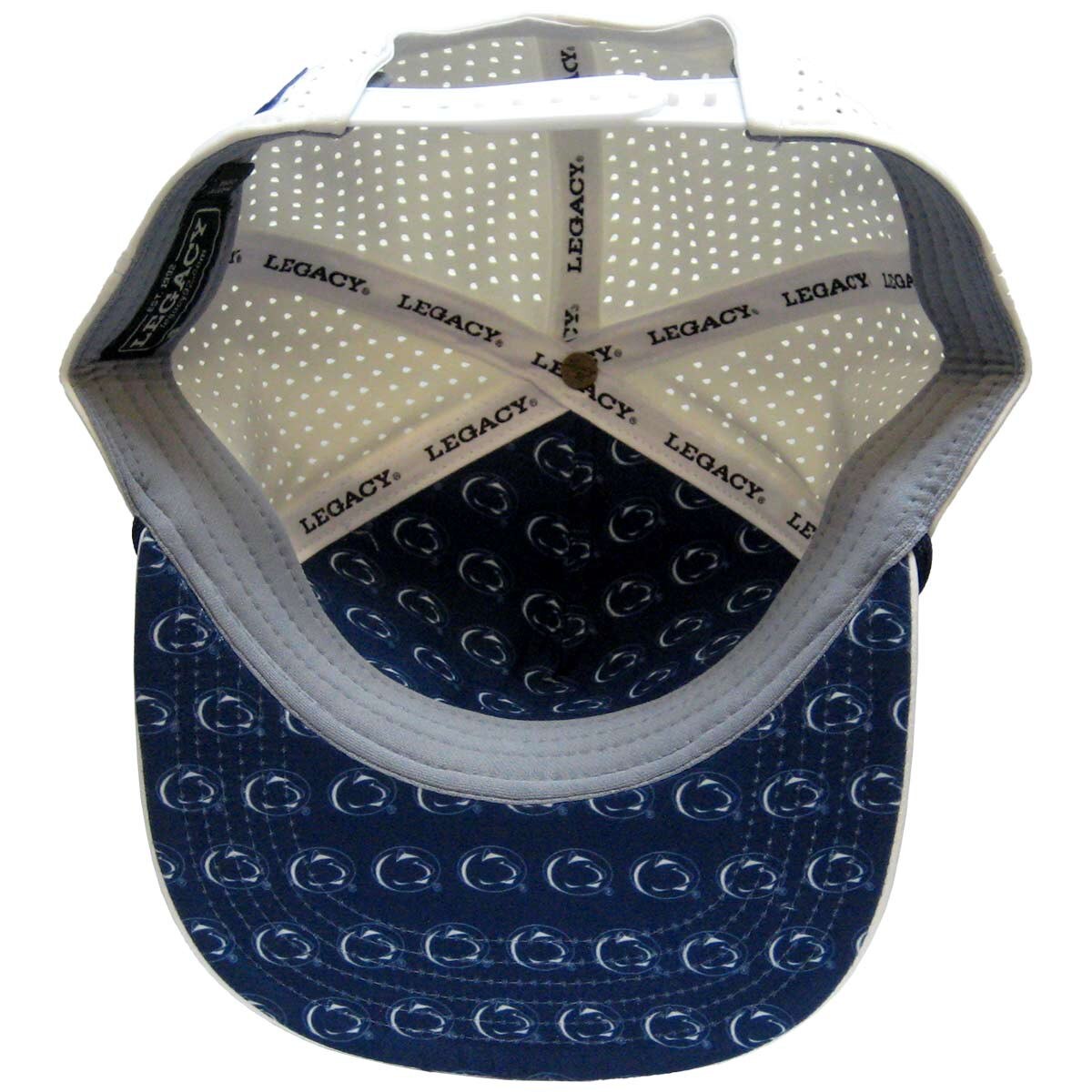 bottom and inside view of white country clubber hat with repeating Penn State Athletic Logos